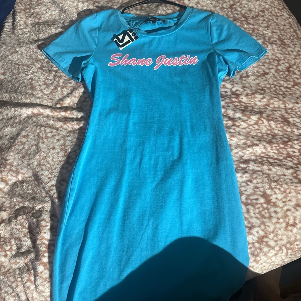 Shane Justin Blue Tee with Pink Script Logo